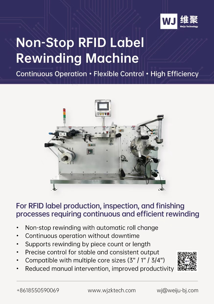 Non-stop RFID rewinding machine for continuous label processing